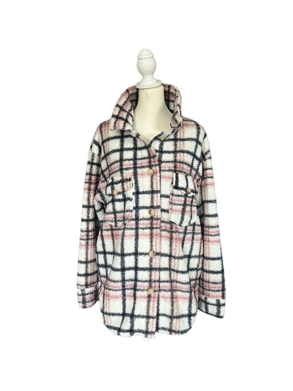 The Sweatshirt Project Plaid Fleece Button Up Pink & Black Shirt Jacket Sz Large